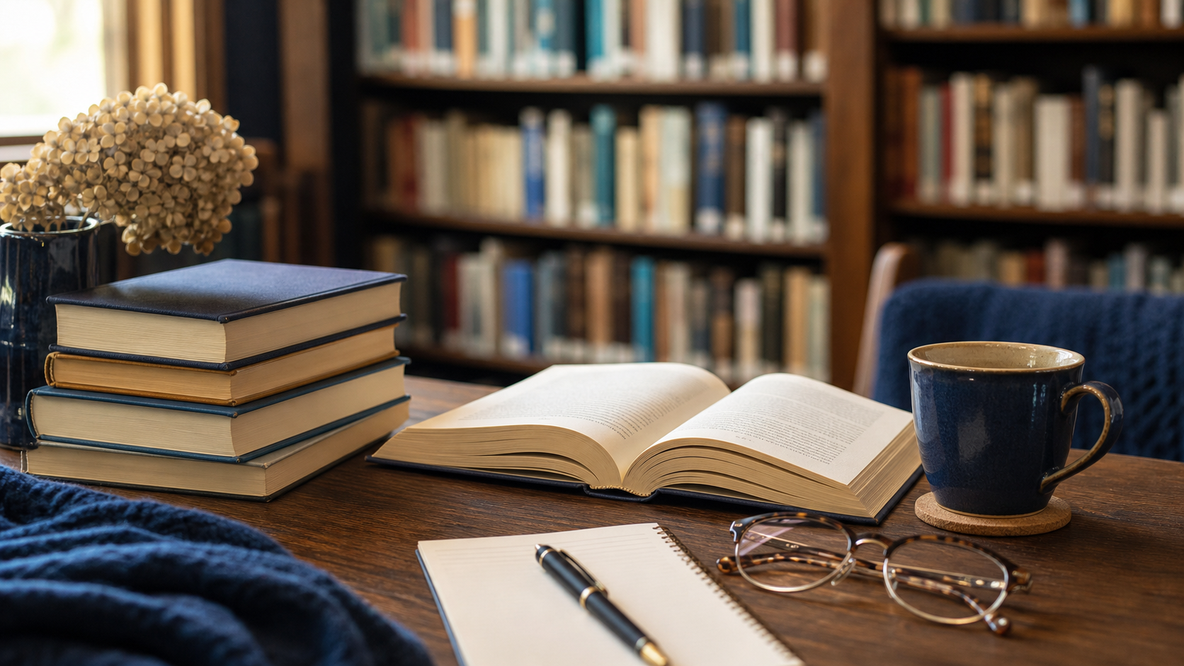 Illustrative editorial scene for books & reading